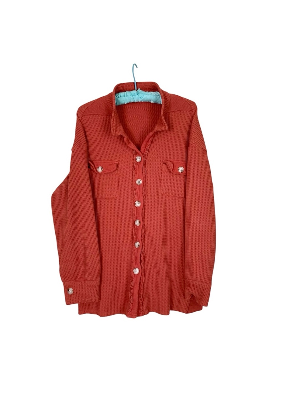 🌵Red/Orange Waffle Knit FP Style Button Up Henley Shacket L🌵